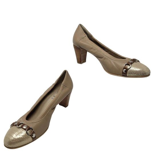 AGL Attilio Giusti Leombruni Leather Embossed Cap Toe Pump Heels 39.5 Tan Italy - Picture 1 of 11